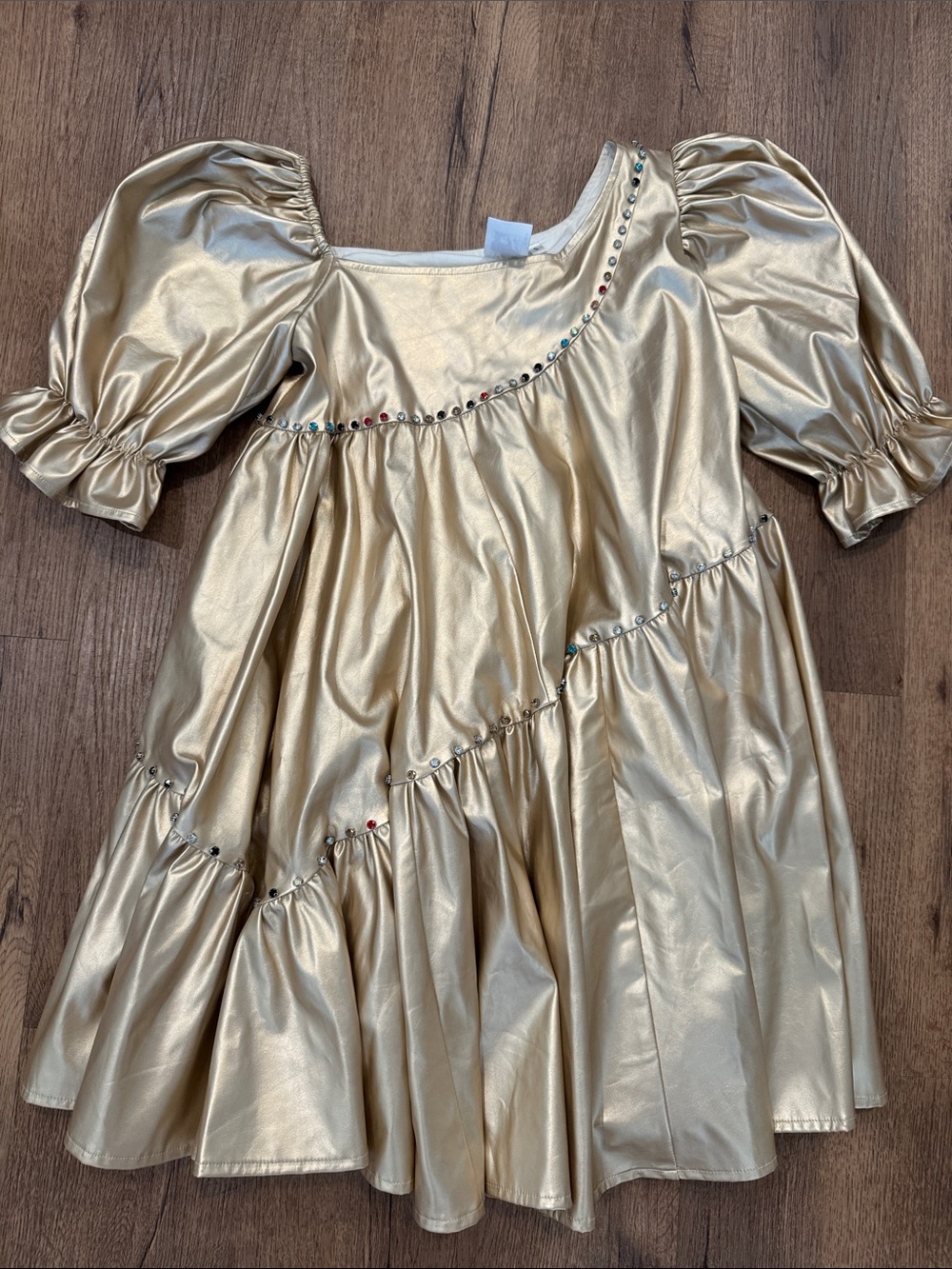 QUEEN OF SPARKLES Metallic Gold Tiered Mini Dress with Puff Sleeves